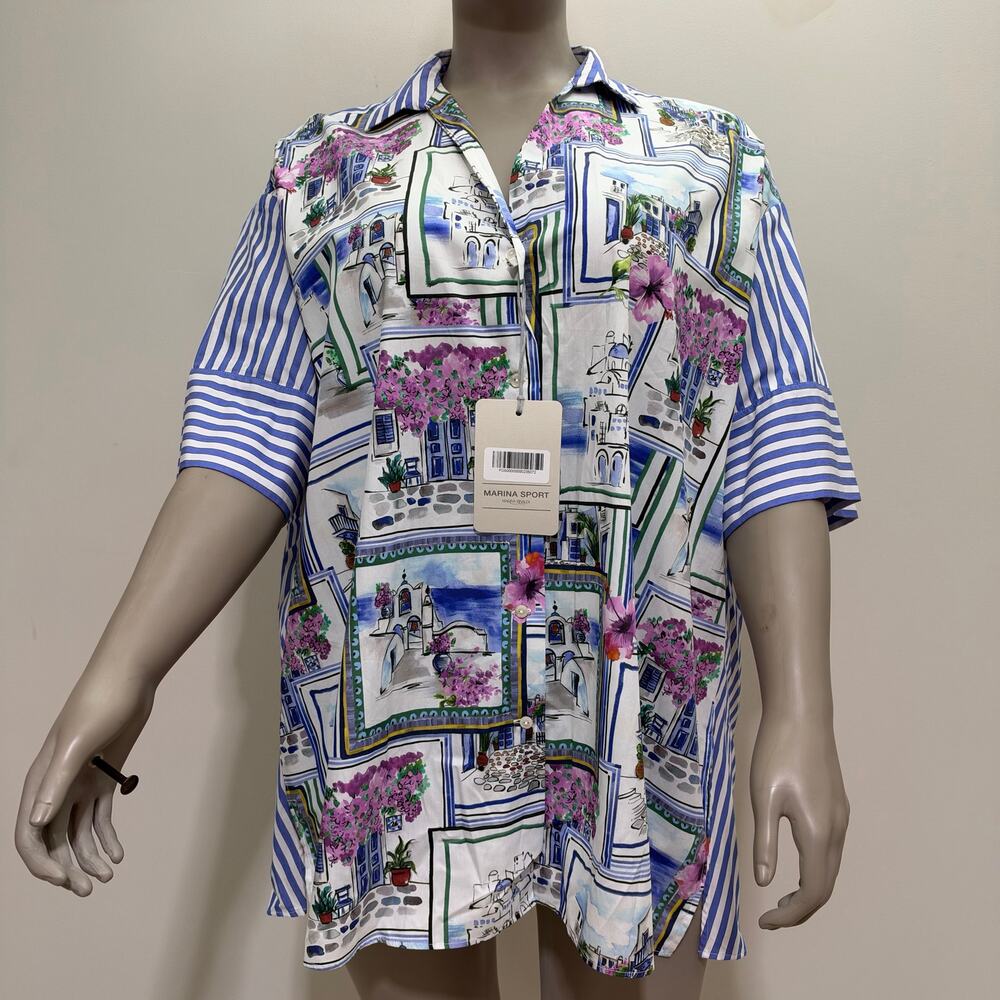 NWT Marina Rinaldi Cotton Blue Striped Greece Print Blouse US 20 Artsy Coastal